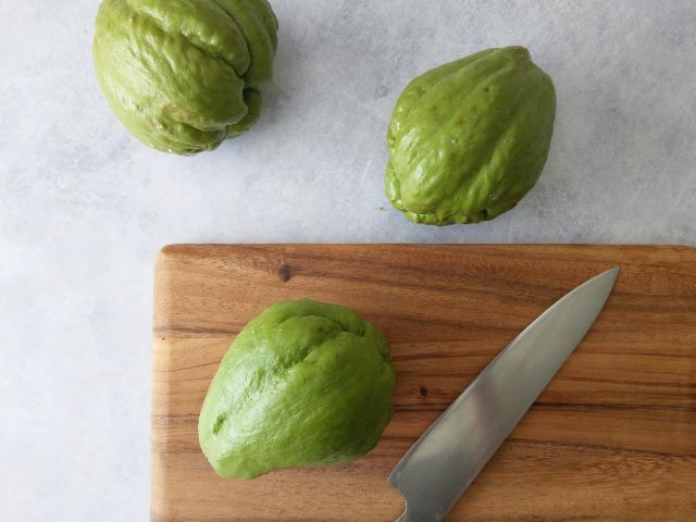 Chayotes on the Cutting Board - Sweet Stewed Chayote Fruit Recipe